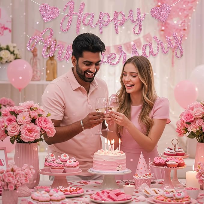 BEISHIDA Pink Happy Anniversary Banner, Pre-Strung - Glitter Happy Anniversary Banner,NO DIY - Glitter Garland Sign for Wedding Engagement Party Decorations & Decor