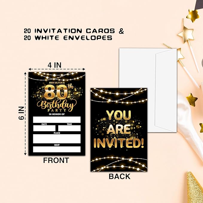 80th Birthday Invitations, Birthday Party Invitations For Women Men, 80 Year Old Birthday Invites, Black Gold Birthday Party Decorations Favors, 20 Invitations with 20 Envelopes - C02