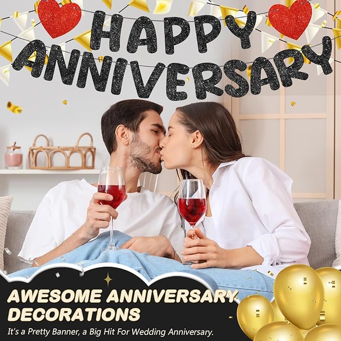 Fulmoon Happy Anniversary Banner Glitter Happy Anniversary Decorations Wedding Party Banner Romantic Decorations No DIY Pre-strung for Wedding Party Birthday Door(Black)