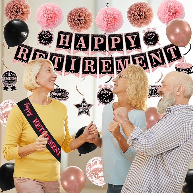 DARUNAXY Rose Gold Retirement Decorations for Women, Happy Retirement Banner, Pink Officially Retired Hanging Swirl The Legend Has Retired Sash Tissue Paper Pom Poms Party Supplies(31PC)
