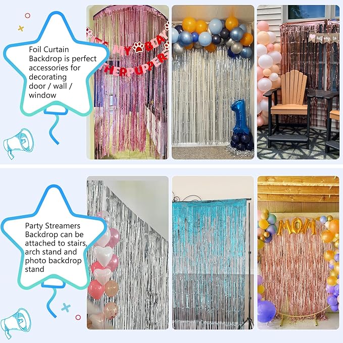 Rose Gold Birthday Party Decorations Foil Fringe Backdrop Curtain 2 Pack 3.3x8.2 Ft, Rose Gold Streamers Happy Birthday Banner Backdrop Arch Decor for Sweet 16 Women Girl Baby Shower Bridal Shower