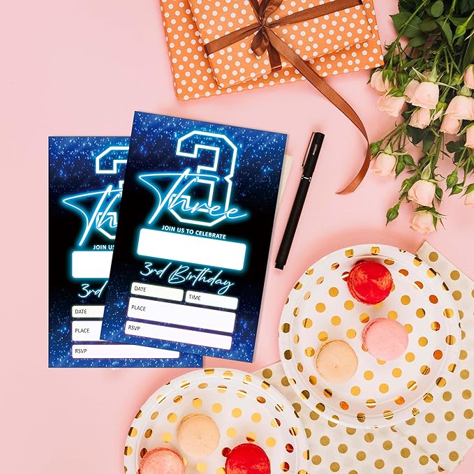 SIXEIGHT Blue 3rd Birthday Invitations for Boys, Neon Glow Party Invitations for Girls Kids, 20 Pack Double Sided Invite Cards with Envelopes, 3rd Glow Neon Birthday Party Decorations, 4x6 Inch-C03