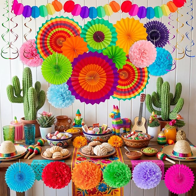 35PCS Fiesta Paper Fan Party Decorations Set - Cinco De Mayo Pom Poms,Pre-assembled Pennant,Garland String,Banner,Hanging Swirls Hispanic Heritage Month Decor Supplies,Multicolored