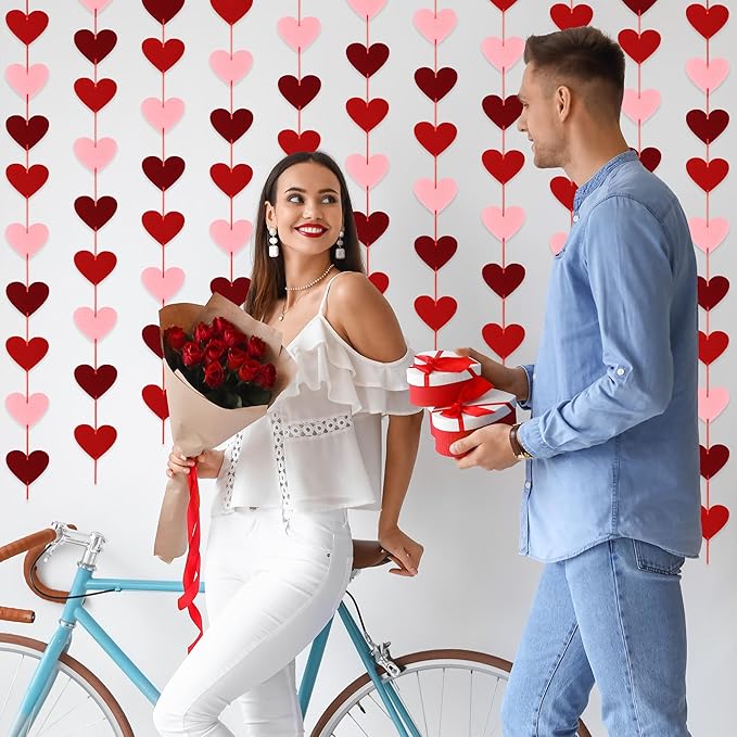 12 PCS Valentines Banner, Hanging Valentines Decor, Pre-Assemble Heart Banner Galentines Day Decorations for Holiday Classroom School Home Backdrop Decor（Red, Pink, Burgundy）