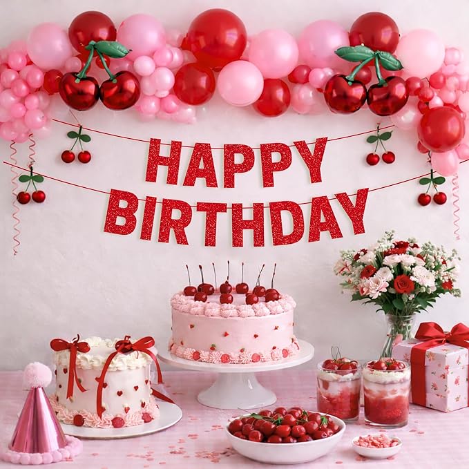 Pre-strung Happy Birthday Banner - No DIY - Red Glitter Happy Birthday Party Banner for Men Woman Boys Girls - Pre-strung on 8 ft Strands - Red Bday Party Decorations & Decor. Did We Mention No DIY