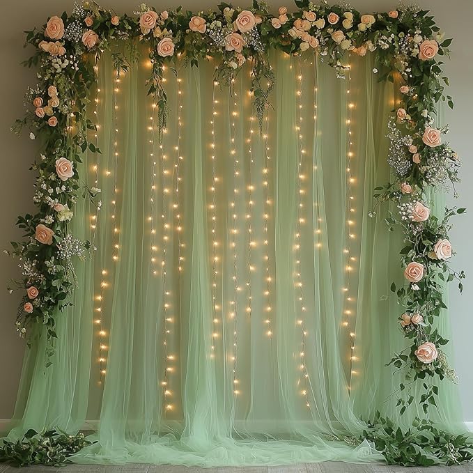 10x10ft Sage Green Tulle Backdrop Curtain with String Lights, Wrinkle-Free Sheer Wedding Backdrop for Birthday Parties, Baby Showers, Bridal Showers, Photo Shoots and Home Decor, Sage Green