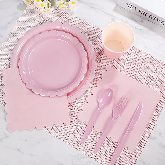 175 Pcs Pink Plates and Napkins, Pink Birthday Decorations Include Scalloped Plate Napkins Cups Plastic Cutlery Disposable Dinnerware for Wedding, Bridal Baby Shower, Mother Day