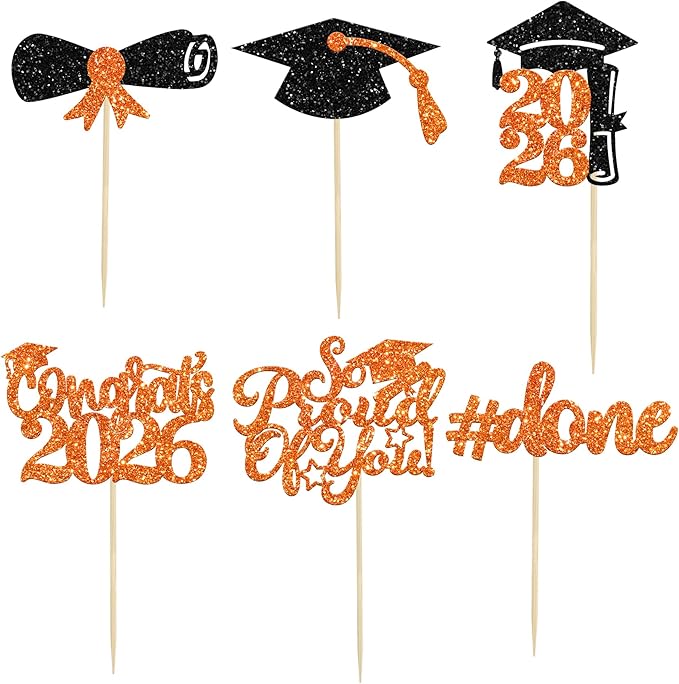 Gyufise 24Pcs 2026 Graduation Cupcake Toppers Orange Glitter Congrats Class of 2026 Done Diploma Grad Cap Cupcake Picks So Proud of you Cake Decoratiosn for 2026 Graduation Theme Party Supplies