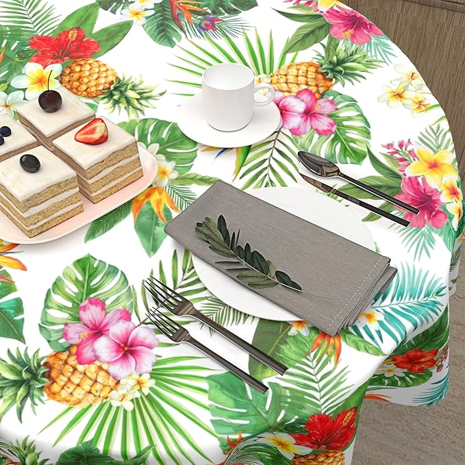 Summer Tropical Pineapple Round Tablecloth 60 Inch Green Hawaiian Palm Leaf Circle Table Cloth Floral Table Cover Washable Polyester Decorations for Kitchen Dinning Room Party
