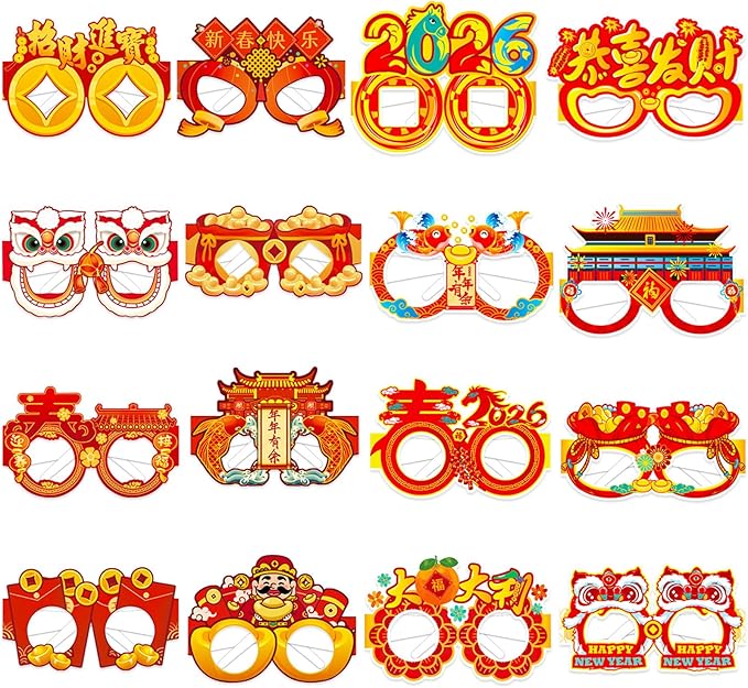 16PCS Chinese New Year Glasses, Lunar New Year Paper Eyeglasses Photo Booth Props for Year of the Horse Party Supplies