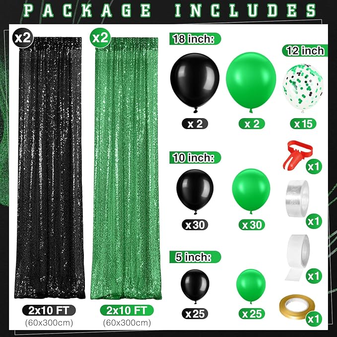 137 Pcs Green Black Party Backdrop Kits- 4 Sequin Curtains Backdrop 133 Balloon Arch Kit, Glitter Photo Background for Graduation Birthday Wedding Anniversary Baby Shower