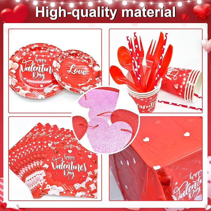 Valentine's Party Decorations 196 Pcs Valentines Plates and Napkins,Cups,Tablecloth Serve 24 Red Heart Valentine Banner Happy Valentine's Day Dinnerware Set Valentines Party Supplies