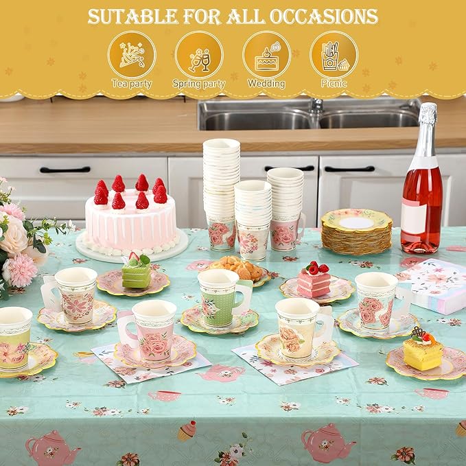 Yungyan 216 Pcs Tea Party Plates and Napkins Sets Serve 72 Guests Floral Disposable Tea Party Supplies Paper 6" Plates and Napkins and 9 oz Cups with Handle for Garden Spring Birthday Wedding