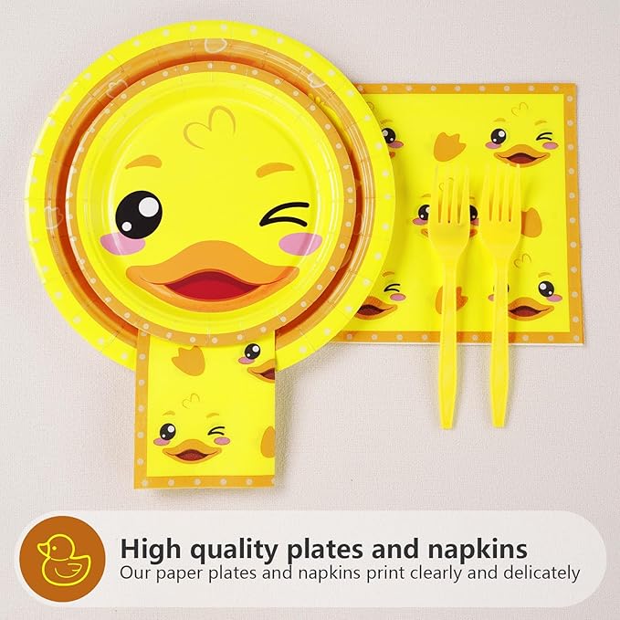 96Pcs Duck Birthday Party Decorations Cartoon Yellow Duck Themed Plates and Napkins Tableware Set Duckie Baby Shower Party Decorations for Gender Reveal One Lucky Ducks Birthday Supplies Serve 24