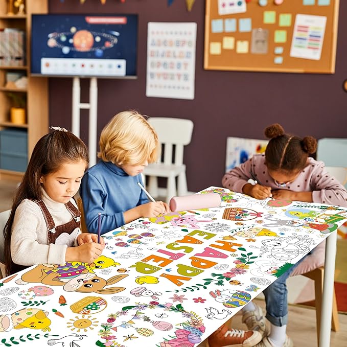 AinDen Easter Coloring Tablecloth for Kids, Giant 72 x 30 Inch Coloring Poster, Easter Party Decorations Table Cloth for Crafts Activities, Classroom & Home & Office (Multicolor-Easter)