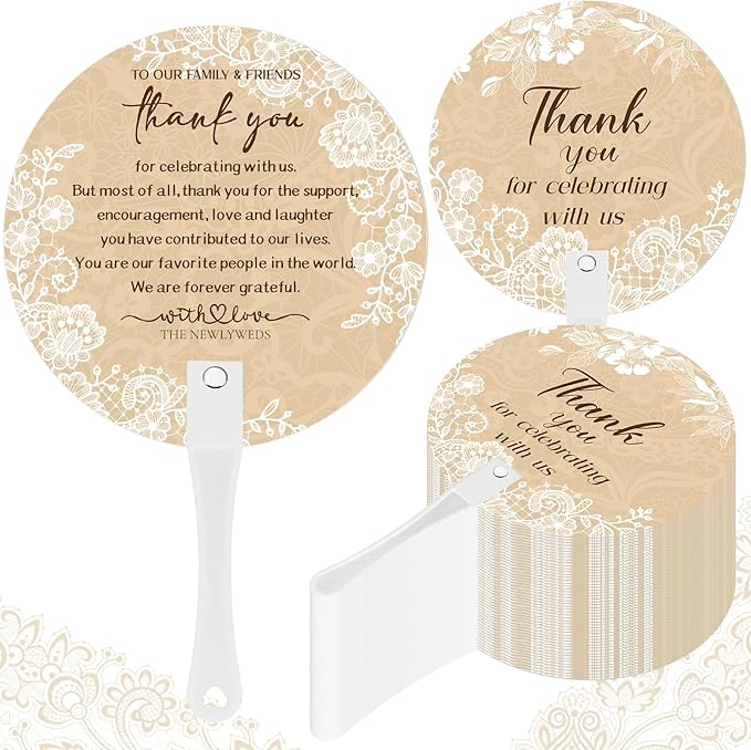 100 Pcs Wedding Hand Fans for Guests Bulk Decorative Plastic Handheld Wedding Favor Fans with Handle Thank You for Celebrating with Us for Ceremony Bridal Shower Party Decor(Lace)