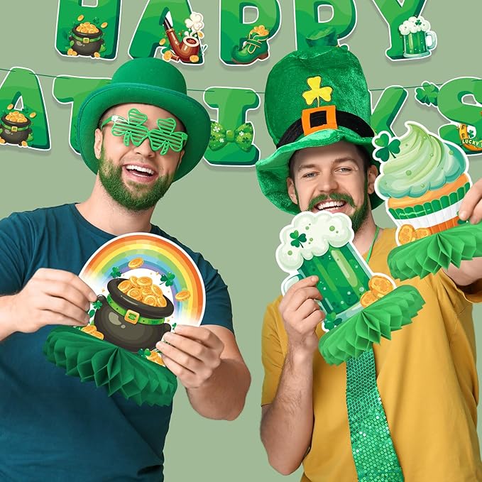 St Patrick's Day Decorations Set - St Patricks Day Honeycomb Centerpieces & Shamrock Beer Table Toppers, for Irish Classroom & St. Patrick's Day Party Supplies