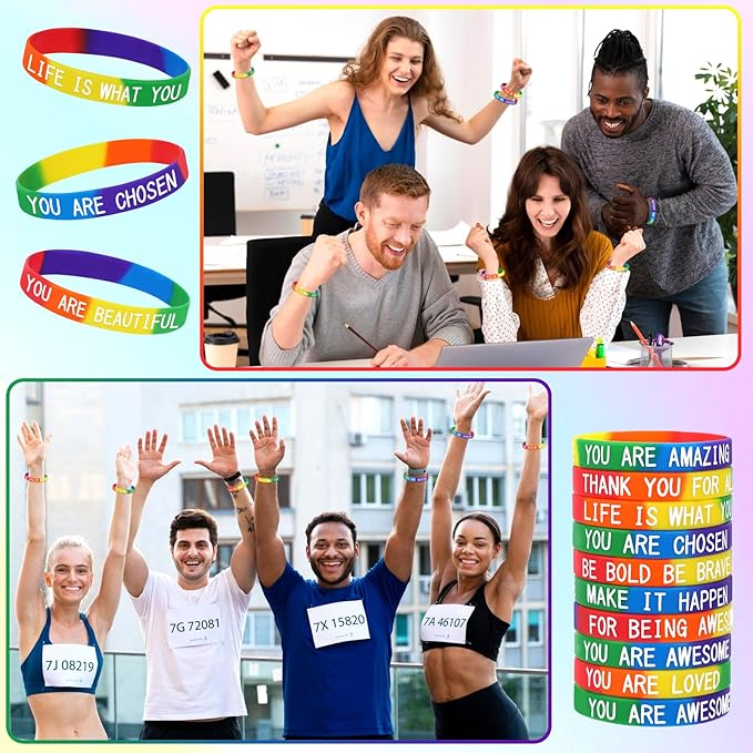 JUNEBRUSHS 42pcs Motivational Silicone Bracelets Rainbow Colors Inspirational Accessories Wristbands for Kids Teens Teacher Classroom Home Office Party Favor Gifts Supplies (14 Designs)