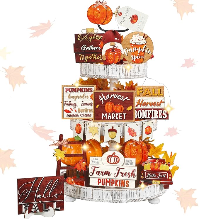 14 Pcs Thanksgiving Tiered Tray Decorations Set Rustic Fall Thanksgiving Pumpkin Tiered Tray Decor Farmhouse Pumpkin Truck Spice Blocks Autumn Winter Wooden Sign for Christmas Halloween