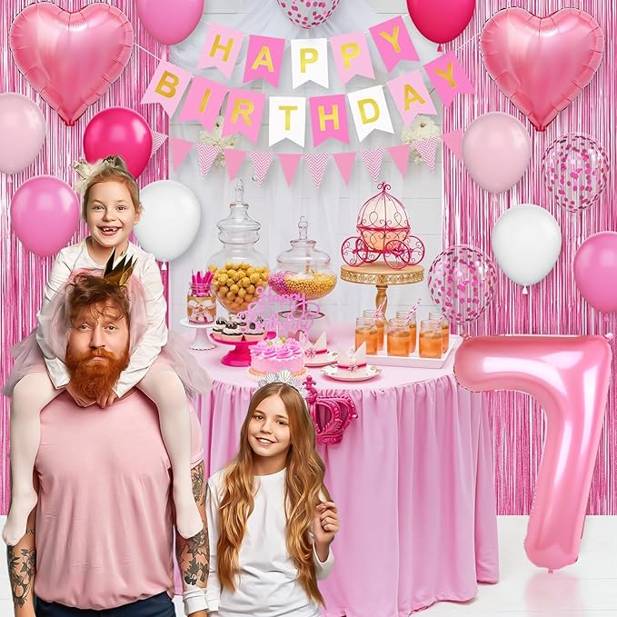 7th Birthday Decorations for Girls: Hot Pink Balloons, Happy Birthday Banner, Fringe Curtain, Cake Topper, Heart Balloons