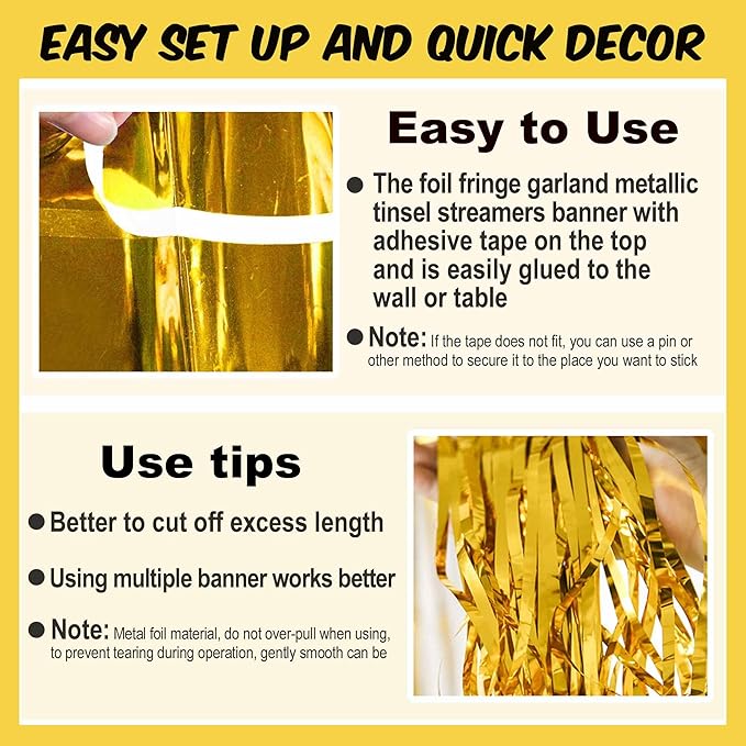 3 Pack 10 Ft Gold Foil Fringe Garland Metallic Streamers Tinsel Banner Wall Hanging Garland Backdrop for Parade Floats, Halloween, Christmas, Thanksgiving, New Year Party Decorations