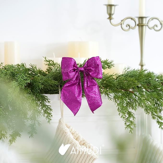 AIMUDI Purple Glitter Wired Ribbon Bows with Twist Tie 5.5" Premade Metallic Christmas Bows for Gift Wrapping, Wreath, Garland, Holiday Crafts Party Home Outdoor Christmas Tree Decorations, 12 PCs