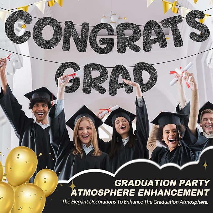 Fulmoon Pre Strung Congrats Grad Banner Glitter Congratulations Banner College Graduation Sign Class of 2026 Grad Party Decorations for High School University Graduation Party Favor(Black)
