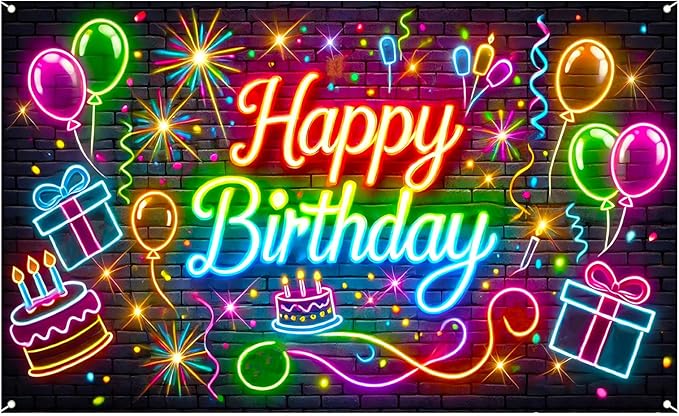 Nuxovilar Neon Brick Wall “Happy Birthday” Party Decor Banner, Colorful Streamers Pattern Backdrop for Birthday Celebrations, Yard Sign Background, 71x43 Inch