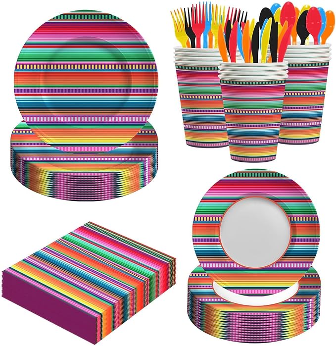 140PCS Mexican Serape Fiesta Plates and Napkins Set, Fit Mexican Themed Paper Dessert Plates, Taco Colorful Stripes Pinata Ponchos Platters Dance Party, Serves 20 Guests