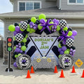 Monster Truck Purple and Green Black Balloon Garland Arch Kit with Big Wheels checkered star mylar foil tire balloons For Kids 3th 4th Birthday Monsters Racing Car Theme Party Decorations
