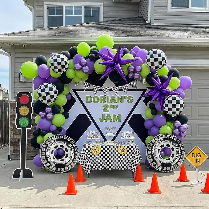 Monster Truck Purple and Green Black Balloon Garland Arch Kit with Big Wheels checkered star mylar foil tire balloons For Kids 3th 4th Birthday Monsters Racing Car Theme Party Decorations