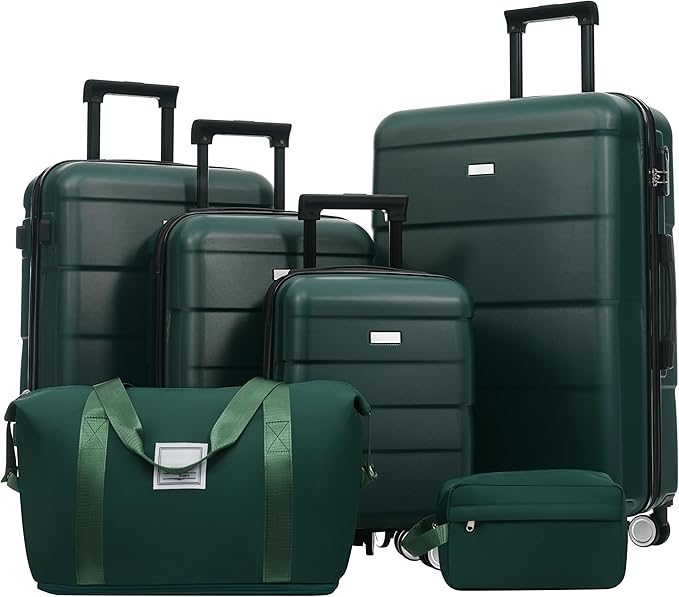 6 Pcs ABS Hardshell Luggage Sets Spinner Wheel Suitcase Lock Suitcases Dark Green