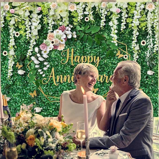 Sensfun Happy Anniversary Backdrop Green Grass Floral Banner Cheers to Wedding Anniversary Party Decorations Marriage Memorial Portrait Photo Booth Background 7x5ft