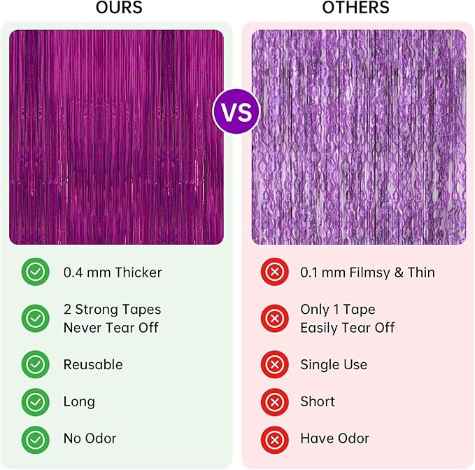 2 Pack 3.3 x 8.2 ft Tinsel Foil Fringe Curtain Backdrop, Upgraded Purple Glitter Metallic Streamers Backdrop Curtains for Birthday, Mermaid, Butterfly, Star, Space Galaxy Themed Party Decorations