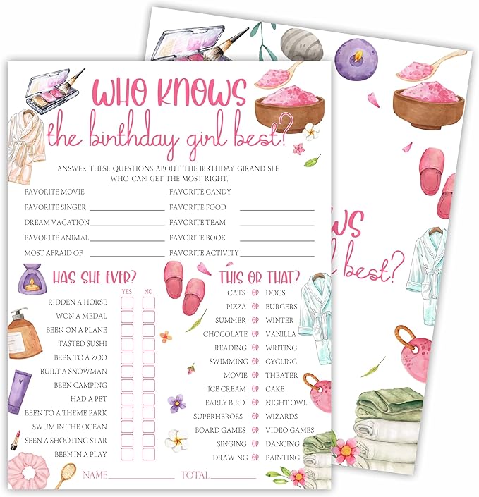 6"X8" Who Knows The Birthday Girl Best - Watercolor Slumber Accessories - Funny Double-Sided 3-in-1 Game Card Set For Girls Birthday Party, Sleepover Party Activities, Favor & Supplies (20Pcs)- A08