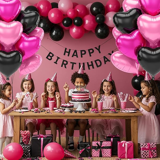 TONIFUL 30Pcs 18 Inch Black Pink Hot Pink Balloons Heart Shape Foil Mylar Banners Decoration for Birthday Valentine's Day Wedding Bridal Shower Anniversary Engagement Party Supplies