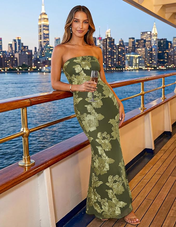 MEROKEETY Women's Floral Strapless Maxi Dress 2026 Summer Mesh Tube Bodycon Formal Wedding Guest Cocktail Party Long Dresses