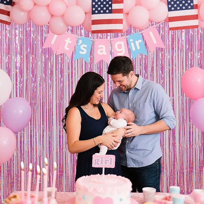 Pink Foil Fringe Curtains Party Decorations, 3.28x6.56ft Sparkling Streamer Tinsel Backdrop for Girls/Princess Birthday Party
