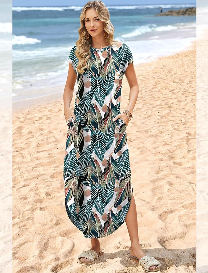 WIHOLL Summer Dresses Cap Sleeve Crewneck Maxi Long Casual Dress with Pockets Beach Vacation Sundresses 2026 Trendy