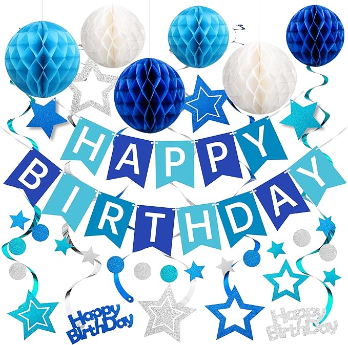 Birthday Decorations, Happy Birthday Banner with Honeycomb Balls, Swirls Set Happy Birthday Decorations Sign for Men Women Boys Girls Birthday Party Supplies Kit for Indoor Outdoor