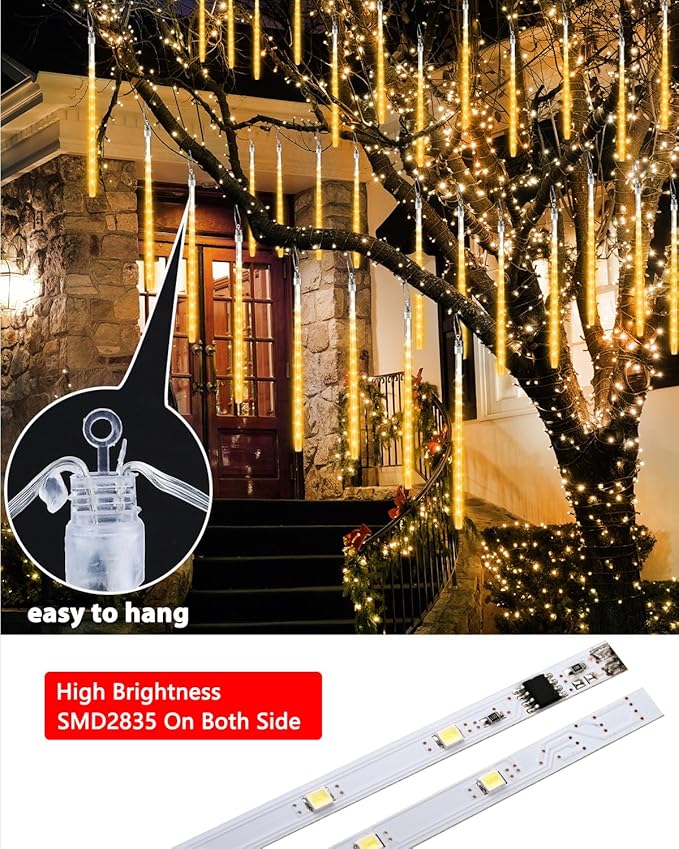 iBaycon 20 Tubes 640 LED Meteor Shower Rain Lights, 15.7 inches Cascading Icicle Lights Waterproof Outdoor, Connectable Falling Raindrop Light with Timer for Holiday Party Christmas Decorations