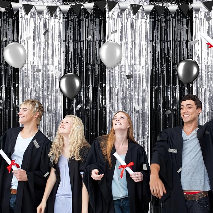 6 Pack 3.3Ft x 6.6Ft Graduation Foil Fringe Curtain Backdrop Decorations, Black Silver Metallic Tinsel Foil Streamers Curtain Photo Background for Graduation Prom Wedding Birthday Party Decorations
