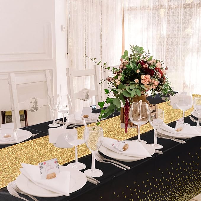 Irenare Tablecloth and Sequin Table Runner Set Polka Dots Confetti Table Cover Dining Plastic Tablecloths Glitter Decorations for Birthday Wedding Anniversary Party Supplies (Black, Gold,2 Pcs)