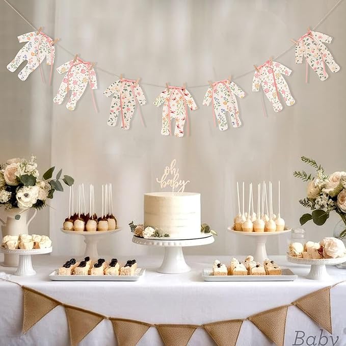 7pcs Neutral Baby Shower Bunting - Pink Baby Pajamas with Ribbon Bows, Gender-Revealing Neutral Party Supplies, Clothesline Birthday Party Banner (Baby Shower Banner Pink)