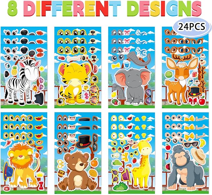 24 Sheets Safari Animals Make a Face Sticker Sheets for Kids Todders Activities, Make Your Own Stickers for Kids Birthday Party Favor Supplies Craft