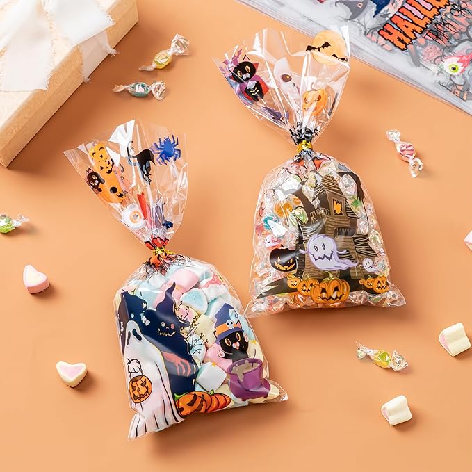 Aegero Halloween Cellophane Treat Bags, 200pcs Trick or Treat Goody Bags with 220pcs Twists for Snacks Cookies Packing, Party Supplies,Halloween 03