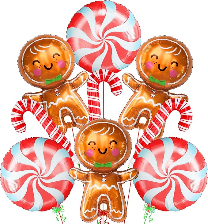 KatchOn, Gingerbread Balloons and Candy Cane Balloon - 32 Inch, Pack of 9 | Christmas Balloons for Gingerbread Christmas Decorations Indoor