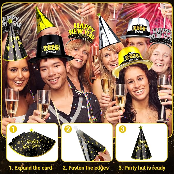 48PCS New Year's Eve Party Supplies for 24 Guests - Happy New Year Headband, Gold Black Party Favors, Cone Hats, Horns, Blowouts - Accessories in Plastic Cardboard