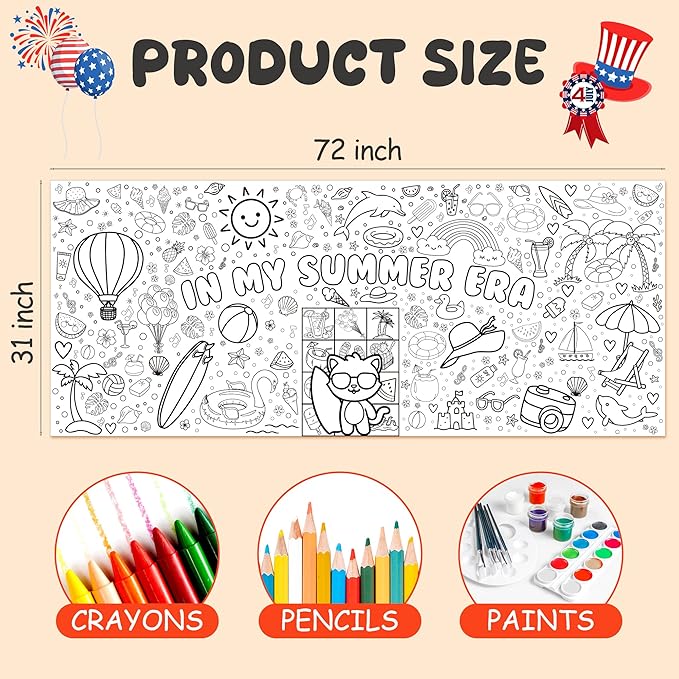 OHOME Summer Giant Coloring Poster/Tablecloth - Summer Toys | 30 x 72 Inches Jumbo Coloring Banner - Kids Crafts Activities Games Decor Party Favors Birthday Decorations for Classroom School