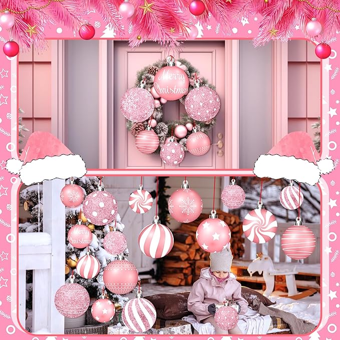Huwena 24 Pcs Christmas Decorations Outdoor Christmas Hanging Ornaments Peppermint Candy Yard Signs Double Sided Lawn Decorations Peppermint Ornaments for Xmas(Pink)